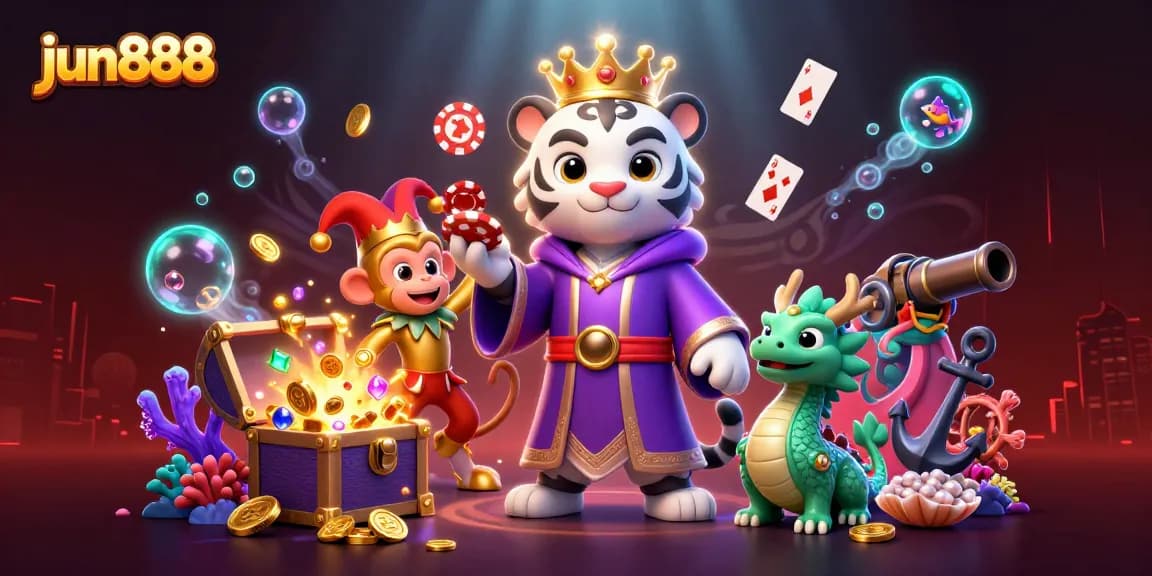 Experience the excitement of jun888 with playful characters and casino elements amid a vibrant underwater scene.