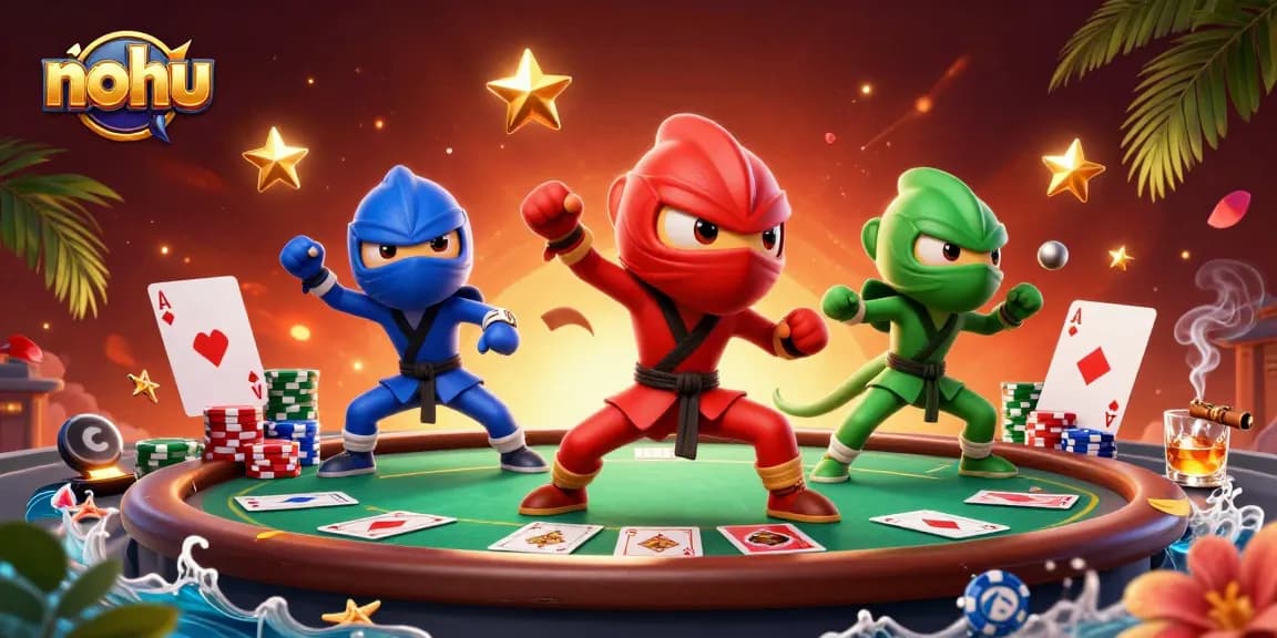 Nohu showcases a vibrant casino rooftop scene with gaming champions, poker cards, and dynamic chameleons!