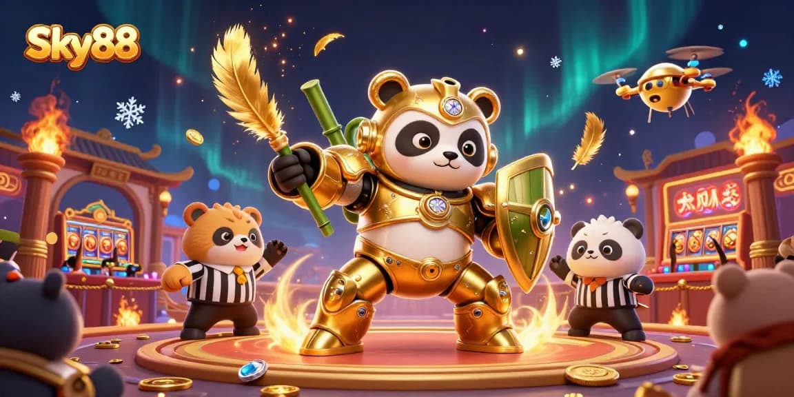 Experience thrilling gaming action at Sky88 in a vibrant 3D casino arena with dynamic characters.