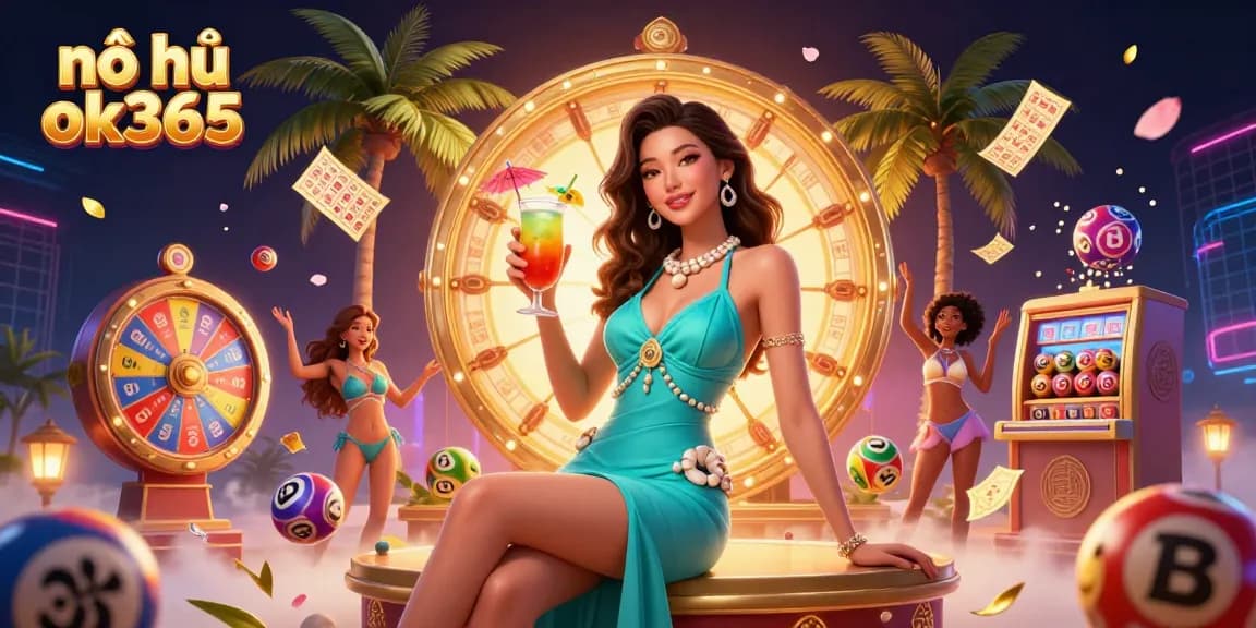 Experience thrilling nổ hũ ok365 gameplay with vibrant lottery elements in a picturesque beach casino setting.