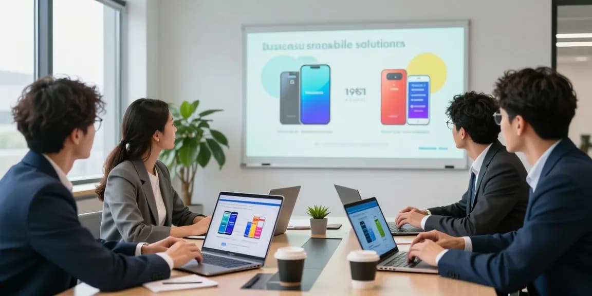 Team discussing business mobile contracts UK in a modern office with technology and collaboration.