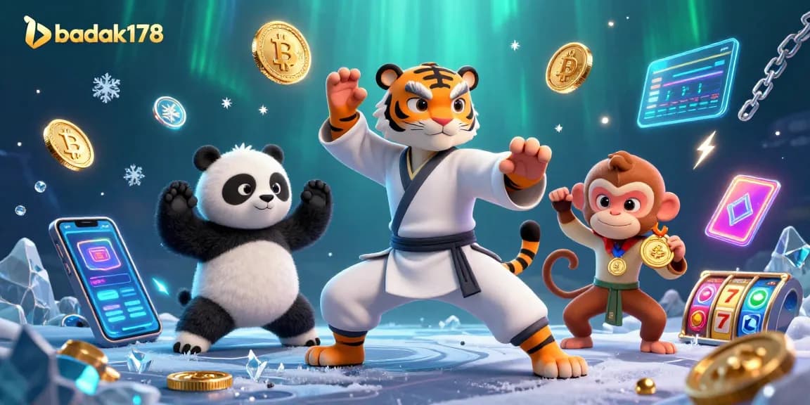 Experience thrilling gameplay with badak178 as a kung fu tiger, panda, and monkey amidst vibrant casino elements.