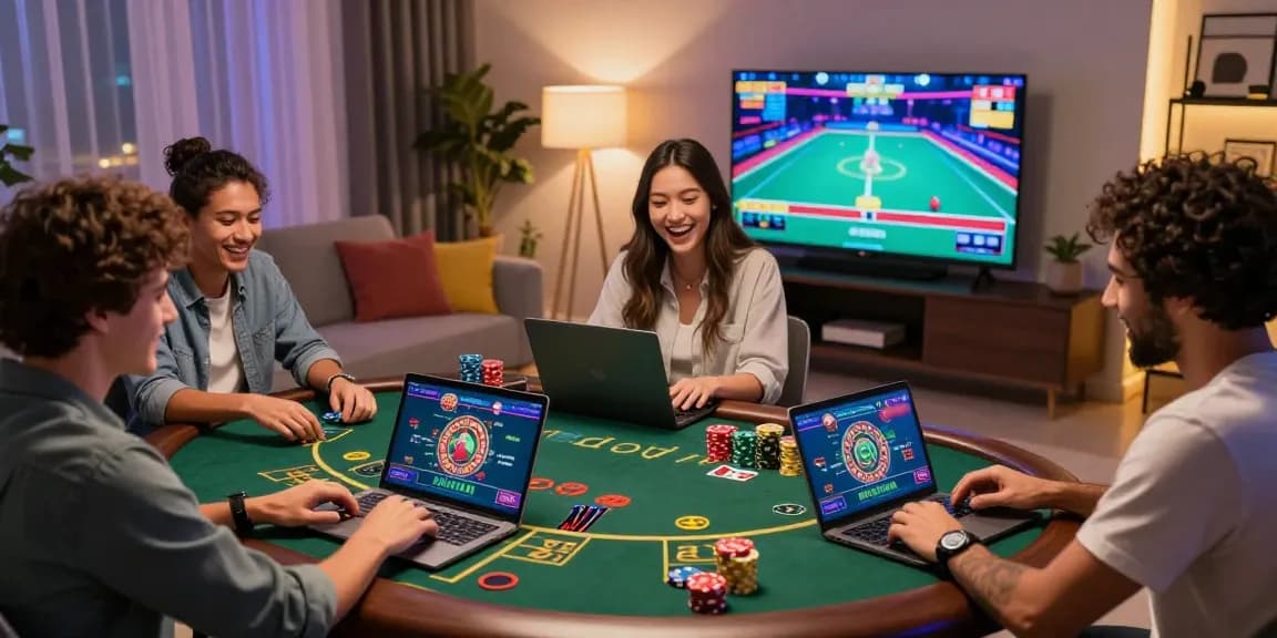 Migliori casino non AAMS scena con giocatori felici che si godono giochi con croupier dal vivo in un elegante salotto.