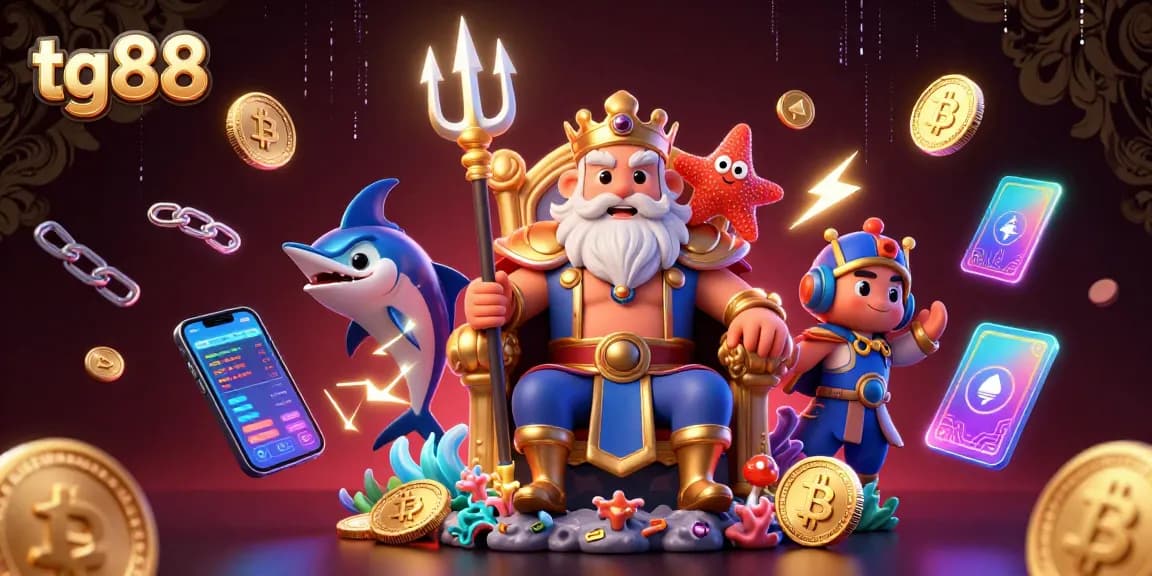 Experience gaming excitement with tg88 in a vibrant, detailed 3D casino scene featuring king Neptune and cryptocurrency.
