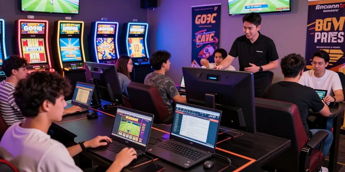 Exciting gaming lounge showcasing players engaged in online betting at https://go99vn.city/ with vibrant lighting and modern interface.