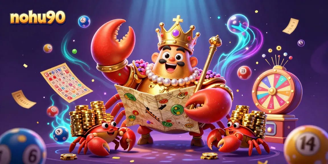 Nohu90 showcases an extravagant 3D illustration of a golden crab emperor in a vibrant casino environment filled with colorful lottery games.