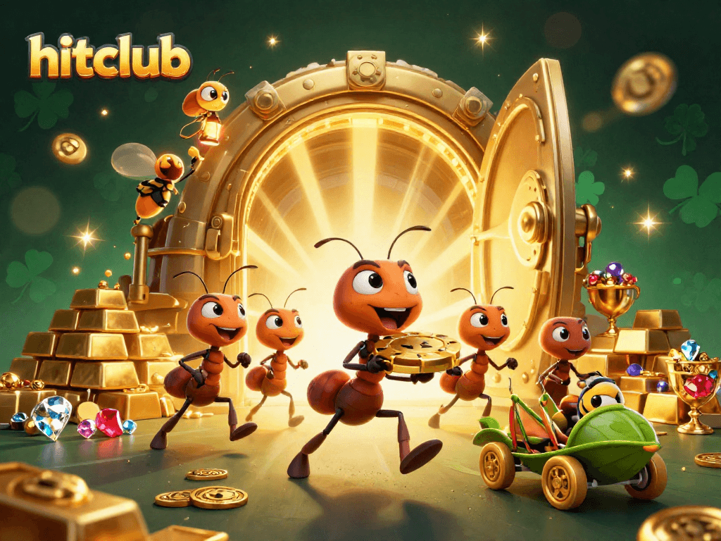 Engage with hitclub while cartoon ants steal a giant poker chip amidst sparkling treasures.