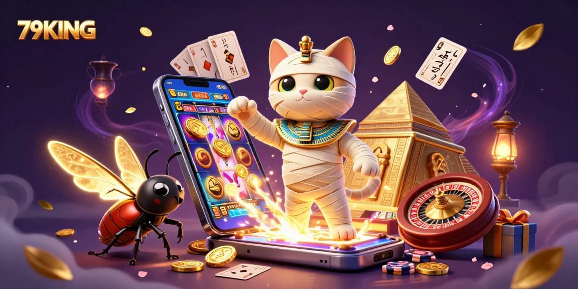 Experience the thrills of 79KING with a colorful casino scene featuring dynamic characters and engaging gaming elements.