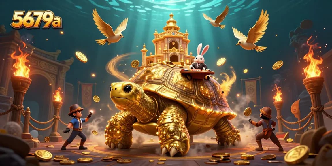 Experience the thrill of 5679a casino games with a vibrant 3D illustration featuring a golden tortoise and a rabbit dealer.