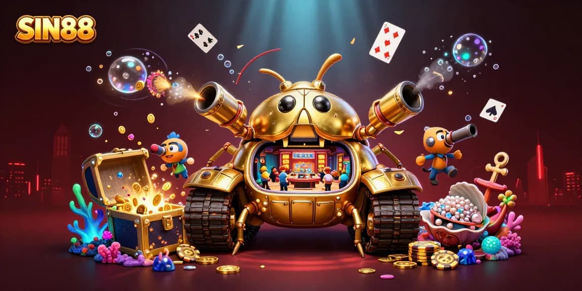SIN88 offers an engaging miniature casino experience inside a golden beetle tank, showcasing unique gaming elements.