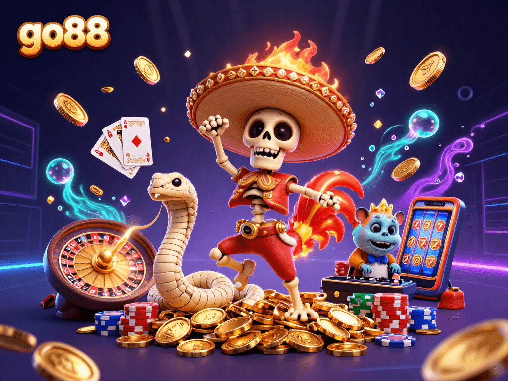Experience the excitement of go88 with animated characters celebrating wins in a vibrant casino scene.