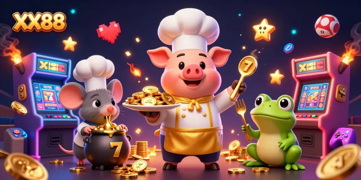 Experience the thrilling world of XX88 with a vibrant scene of a chef and gaming elements surrounded by gold coins.