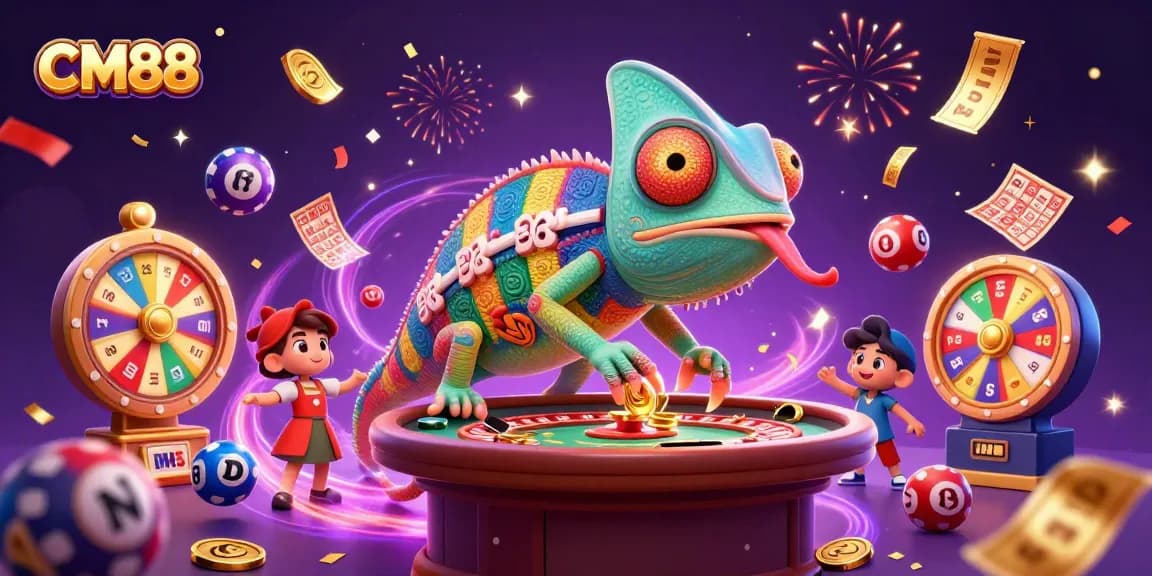 CM88 offers vibrant casino excitement with colorful elements like lottery balls and golden tickets.