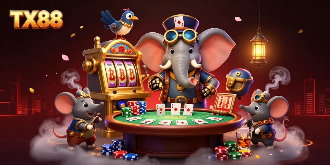 Experience thrilling gaming at TX88 with a steampunk elephant operating a golden slot machine amid vibrant casino elements.