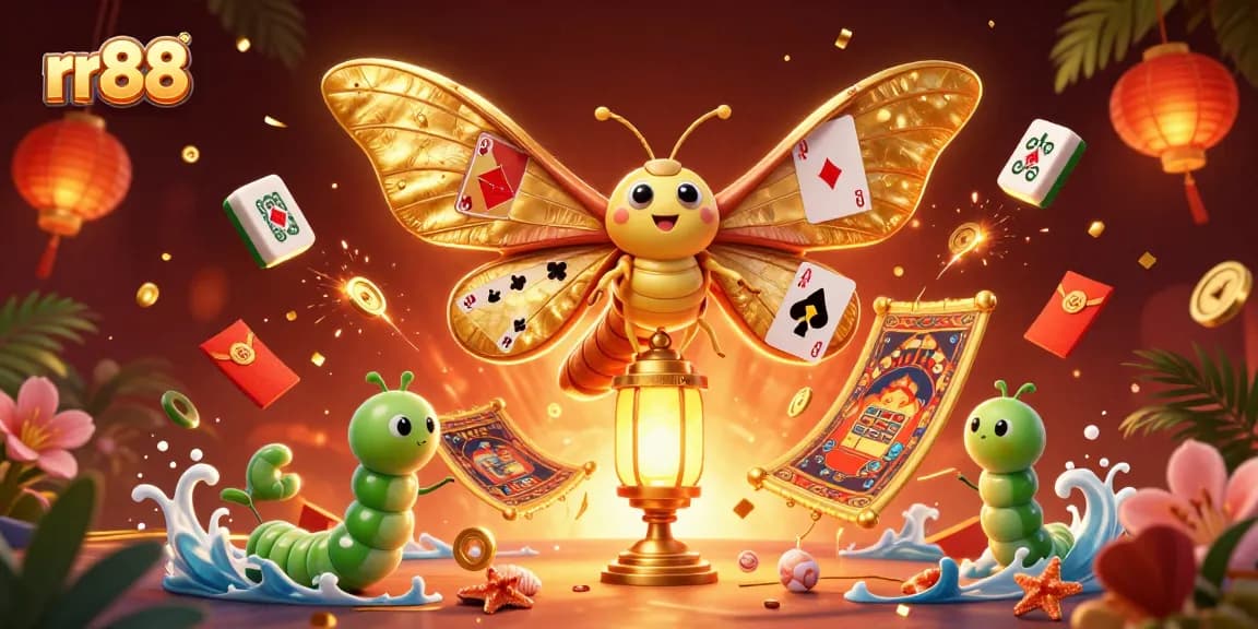 Play exciting games at rr88 featuring a majestic moth and vibrant casino scenes.