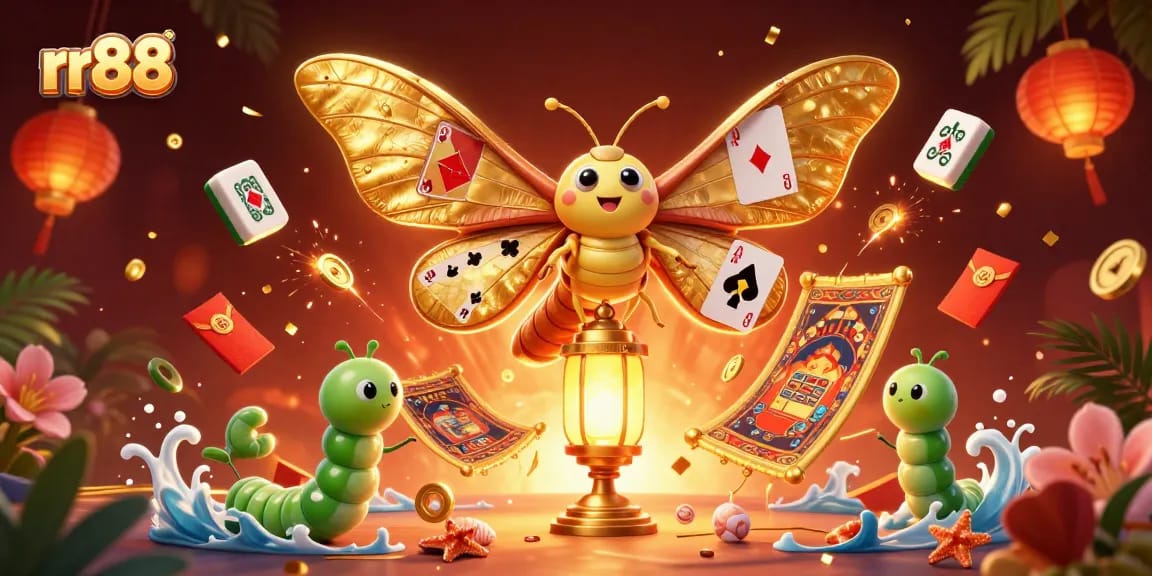 Play exciting games at rr88 featuring a majestic moth and vibrant casino scenes.
