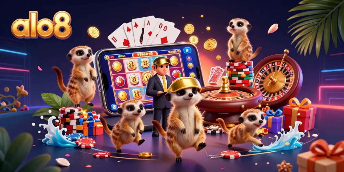 alo8 showcases a vibrant casino scene with meerkats as dealers, embodying dynamic gaming excitement.