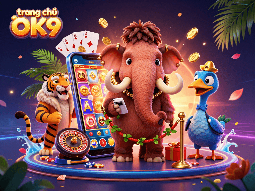 Win big at trang chủ OK9 with a vibrant scene featuring a woolly mammoth bouncer, a saber-tooth tiger guest, and gaming elements.