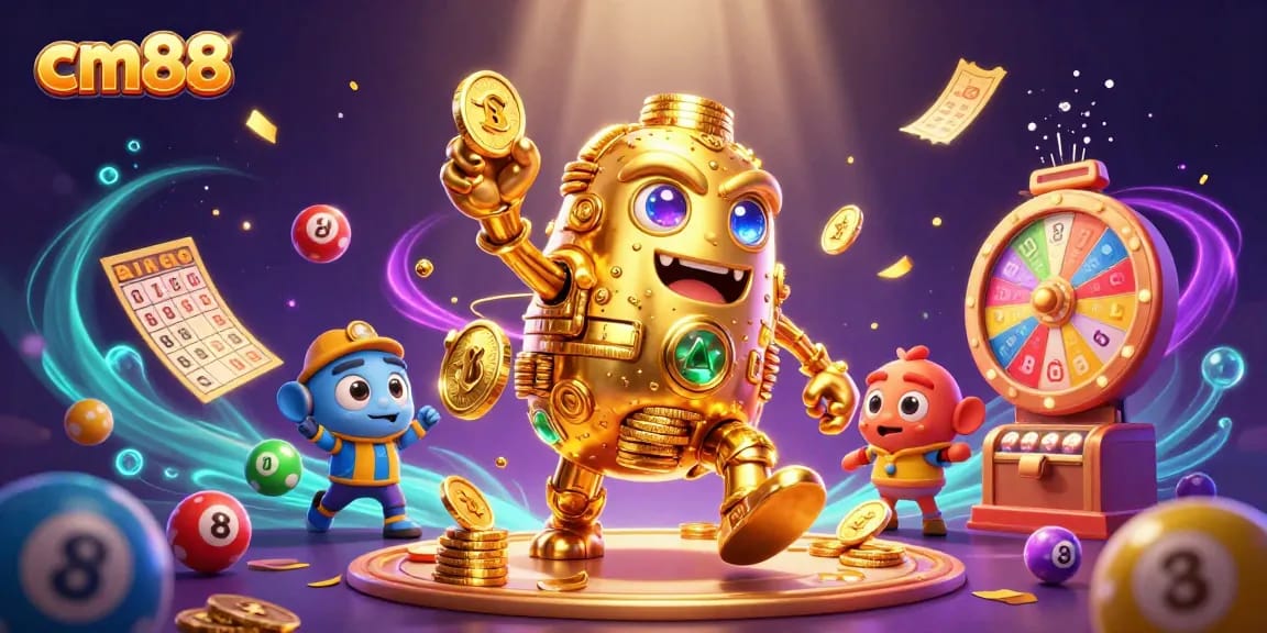 Spin the reels and win at cm88 with colorful lottery balls and gold coins bursting around a golden golem.