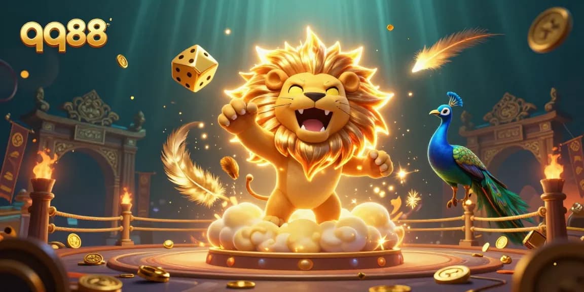 Experience thrilling moments at qq88 with a majestic sun lion and golden elements in an exciting casino scene.