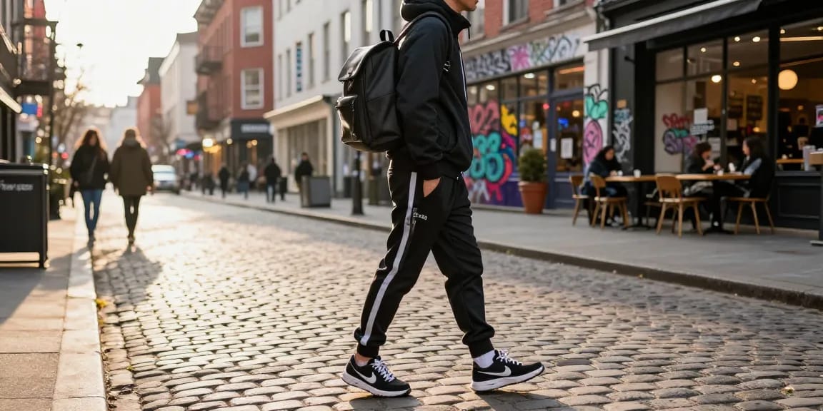 Look fashion in Tuta Trapstar mentre cammina in strada urbana con sfondo di graffiti.