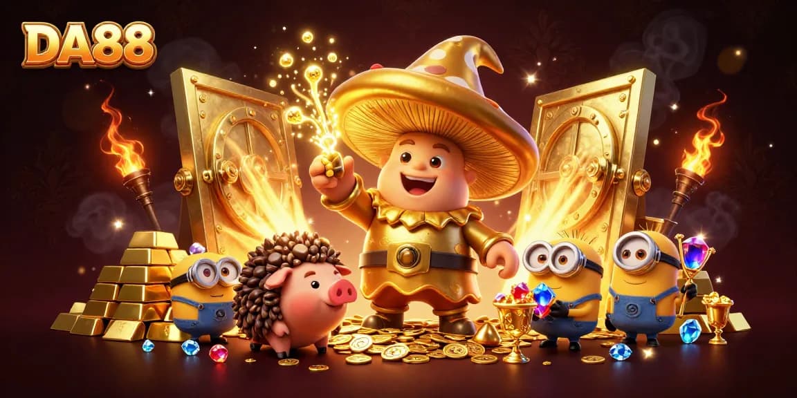 DA88 offers exclusive treasures as the golden mushroom wizard opens the vault, revealing gems and riches.