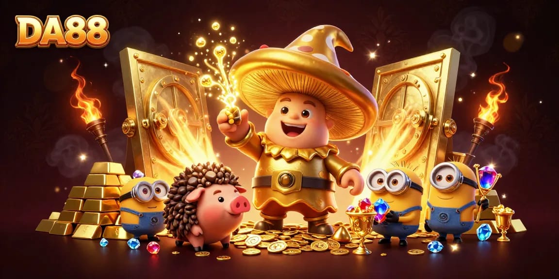 DA88 offers exclusive treasures as the golden mushroom wizard opens the vault, revealing gems and riches.