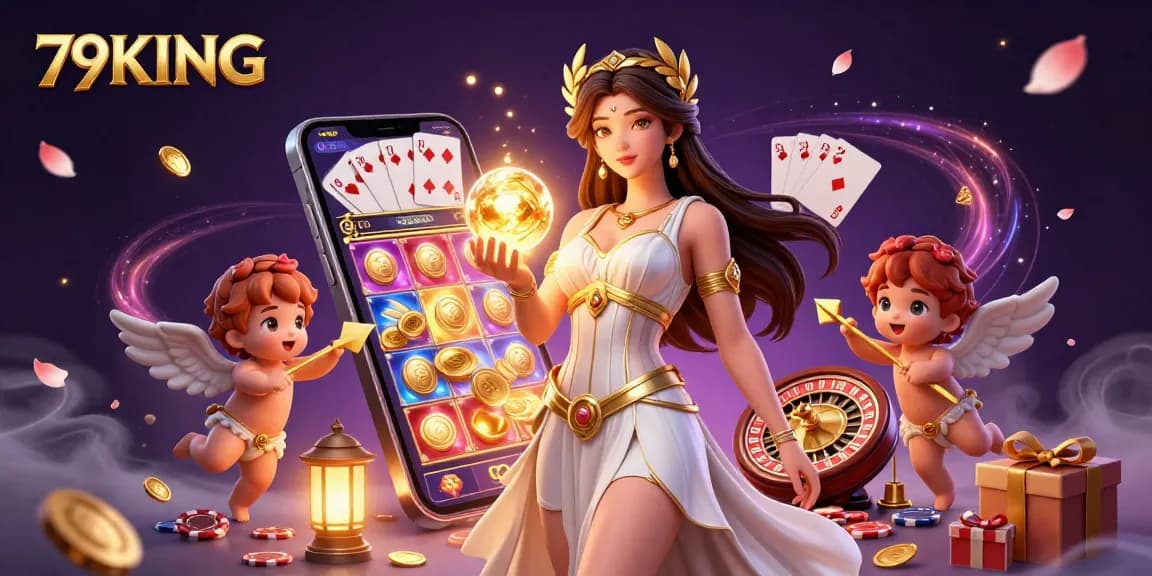 79KING features a striking casino scene with stunning goddess and Cupid cherubs surrounded by vibrant slot game elements.