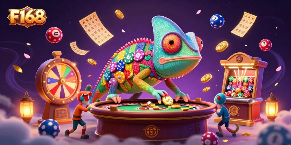 Engage with F168 in a vibrant casino scene filled with colorful gaming elements.