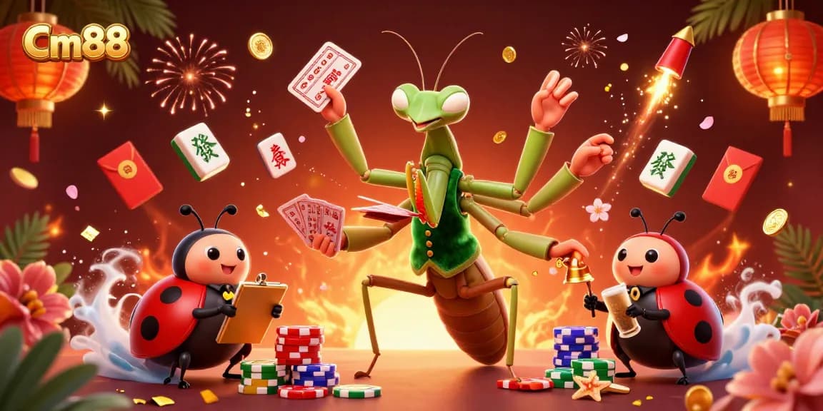 Cm88 showcases a vibrant casino scene with a giant praying mantis card sharp and a ladybug pit boss, capturing the thrill of gaming.