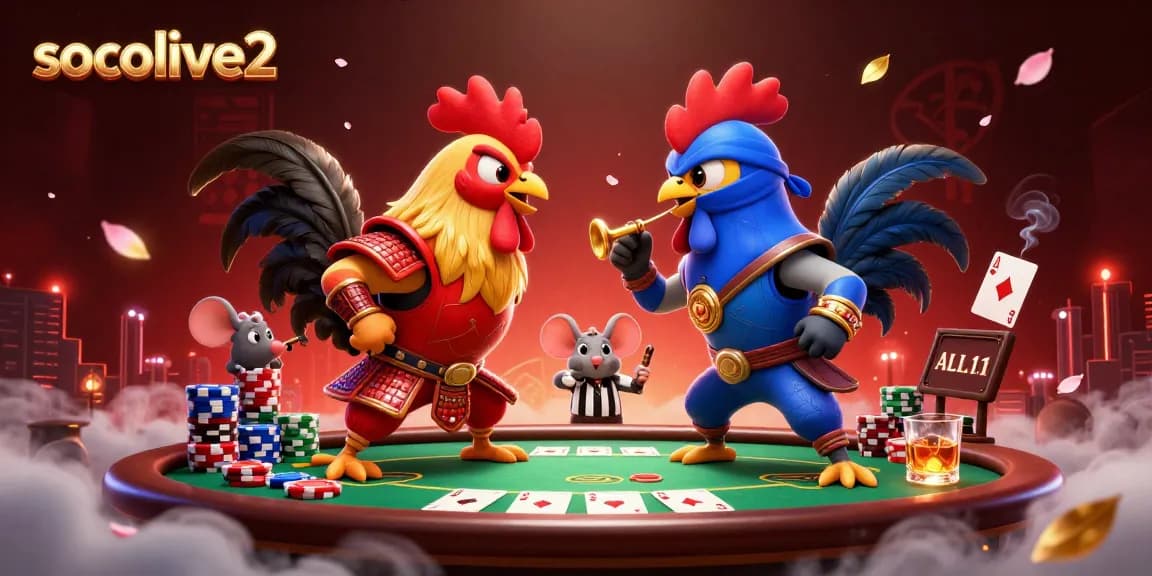 Socolive2 showcases a dynamic standoff between samurai and ninja roosters at a vibrant poker scene.