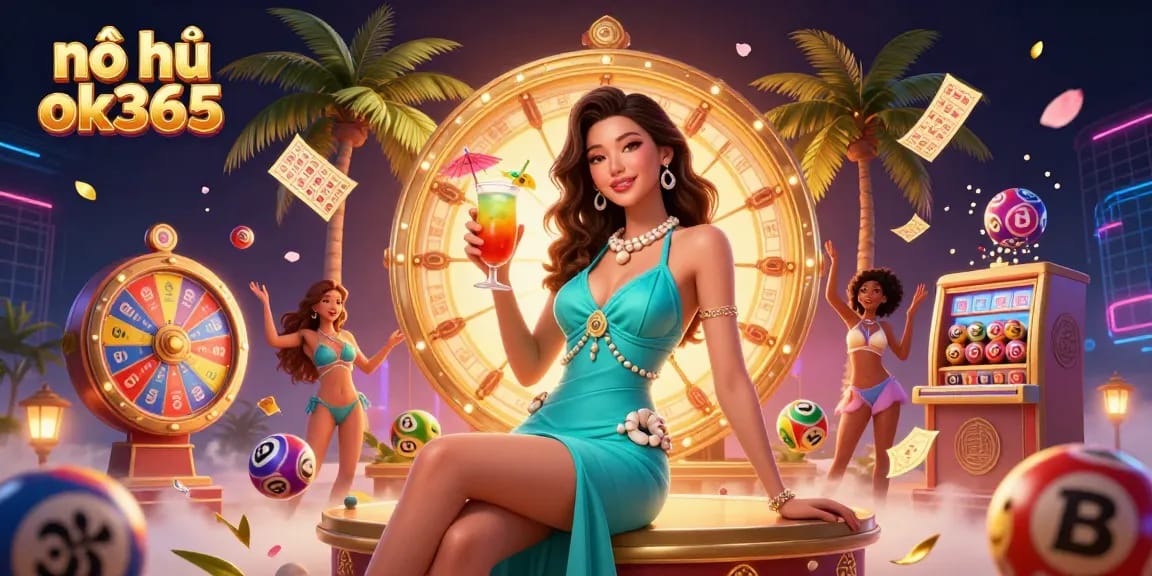 Experience thrilling nổ hũ ok365 gameplay with vibrant lottery elements in a picturesque beach casino setting.