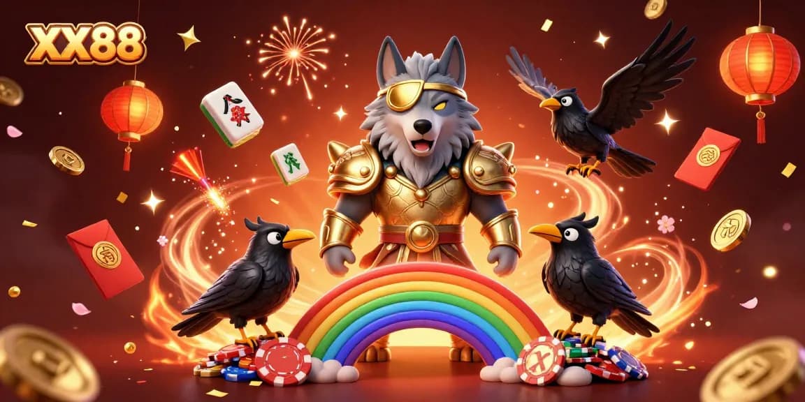 Engage in epic gaming at XX88 with Odin and his ravens amid a vibrant casino-themed illustration.