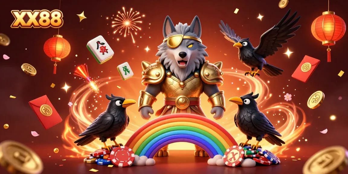 Engage in epic gaming at XX88 with Odin and his ravens amid a vibrant casino-themed illustration.