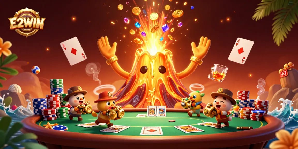 E2WIN showcases a vibrant 3D scene with a volcano of coins and dynamic poker elements.