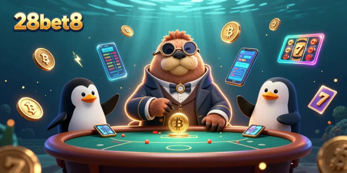 Experience thrilling gameplay at 28bet8 with a vibrant underwater poker scene featuring a walrus, penguin dealer, and pufferfish.