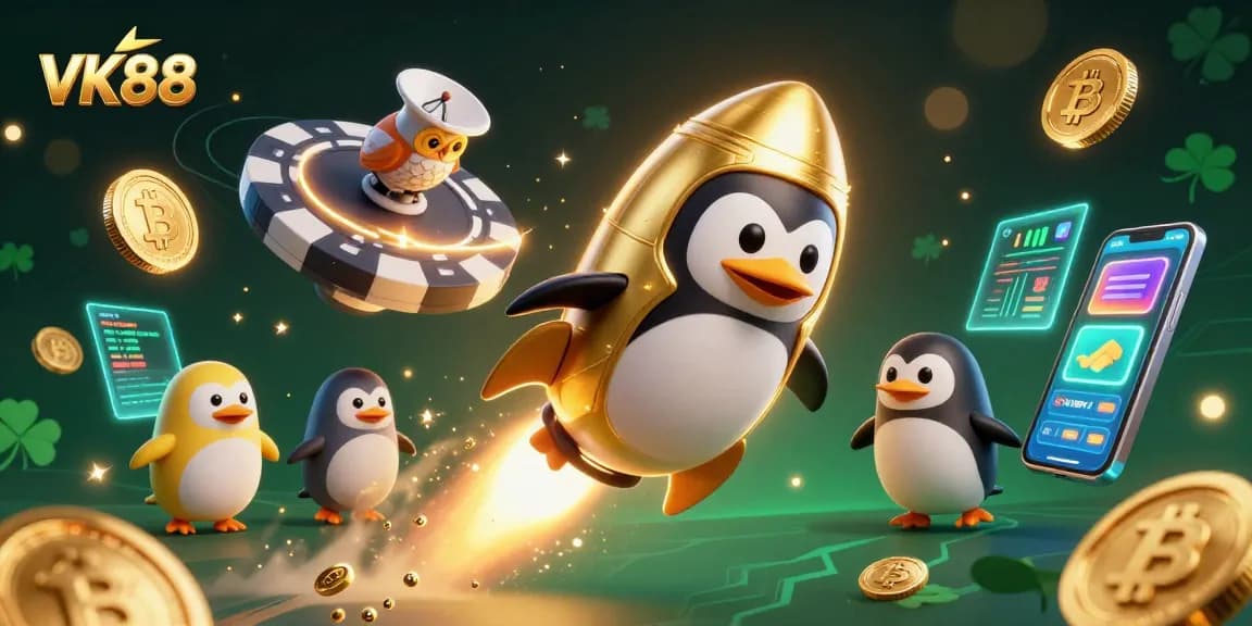 Experience VK88's thrilling casino adventure with our golden penguin blasting through space!