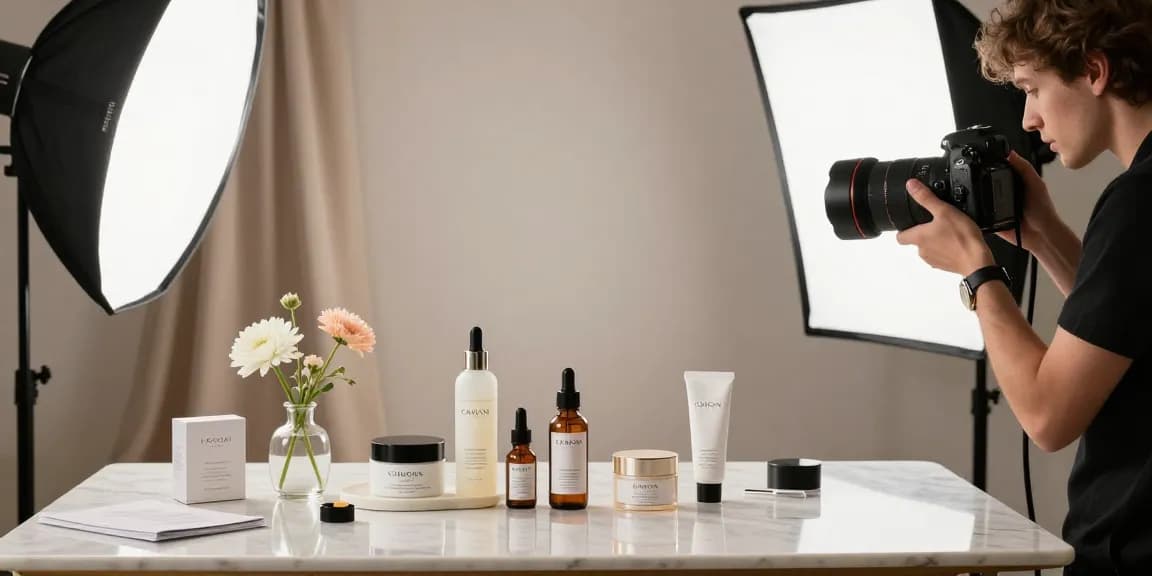 Vetrina di fotografia prodotti milano con allestimento professionale, articoli per la cura della pelle eleganti catturati in ambiente studio.