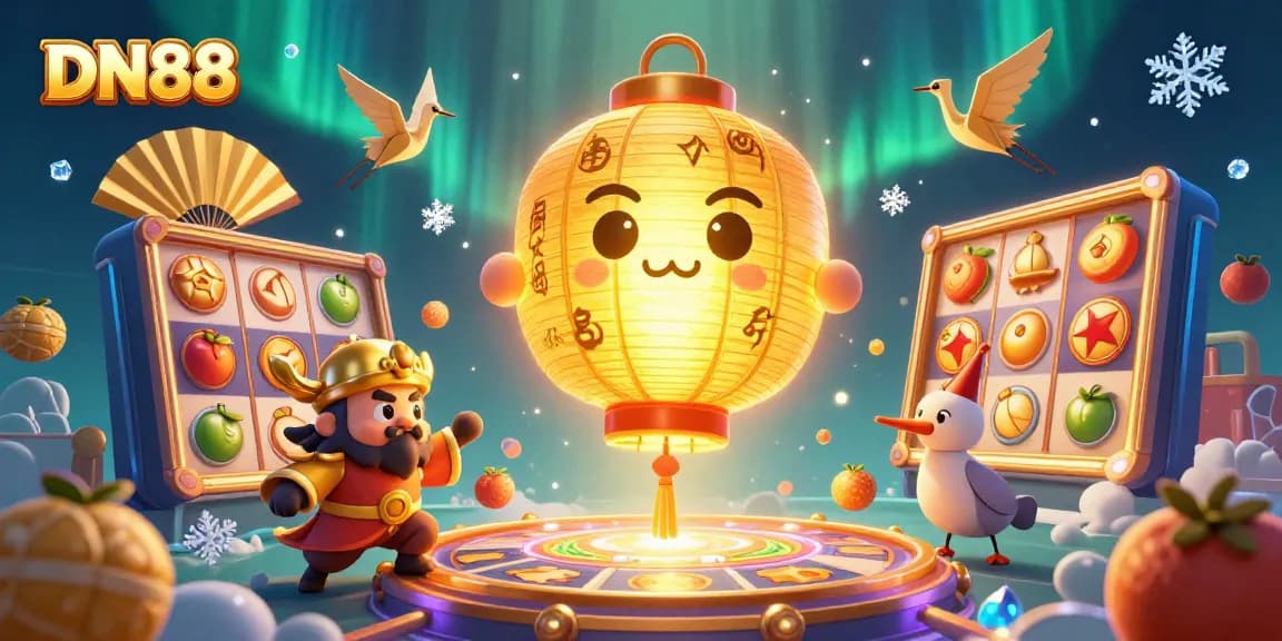 Experience thrilling games at DN88, a vibrant casino with golden characters and slot elements.