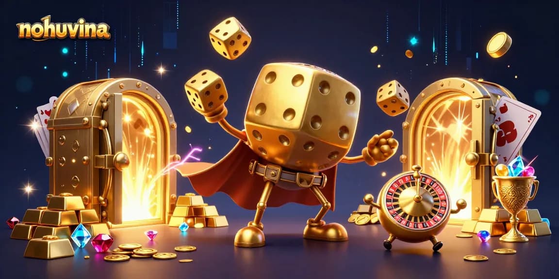 Nohuvina showcases a thrilling casino scene with golden dice and jewels bursting with excitement