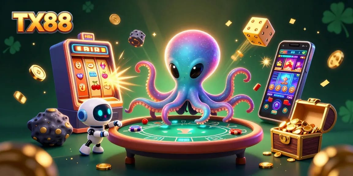 Experience thrilling gaming at TX88 with an alien octopus and robot at a holographic poker table amidst vibrant casino elements.
