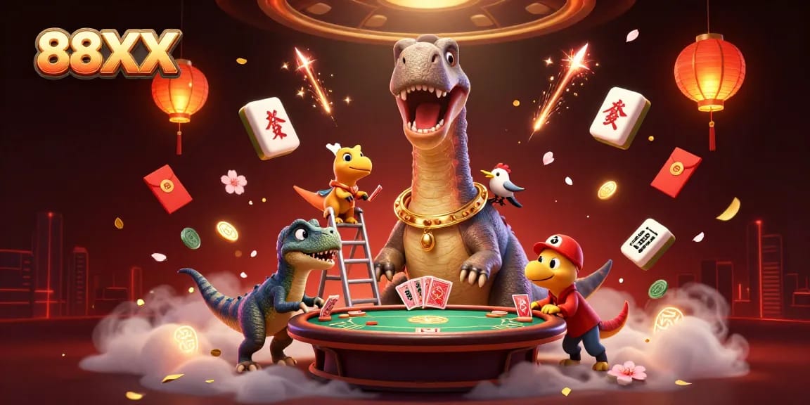 Experience the thrill of 88XX casino with a 3D illustrated scene featuring a brontosaurus, raptor dealer, and casino elements.