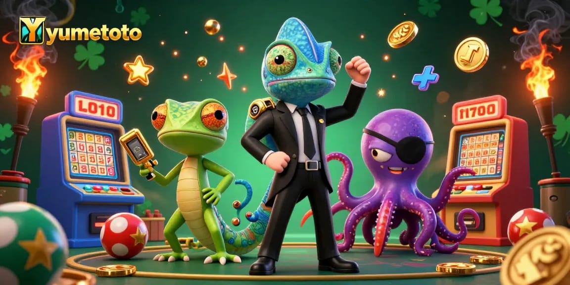 Engage with Yumetoto's vibrant lottery scene featuring a chameleon, gecko, and an octopus.