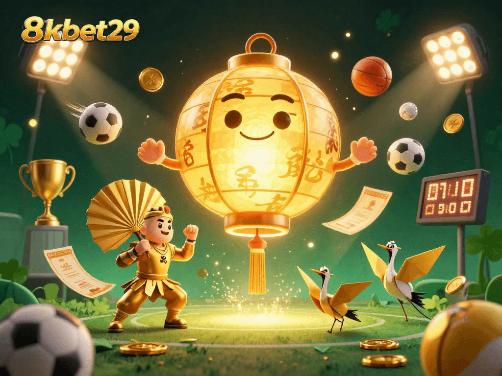 Bet on 8kbet29 with an exciting 3D casino scene featuring a golden lantern spirit and sports elements.