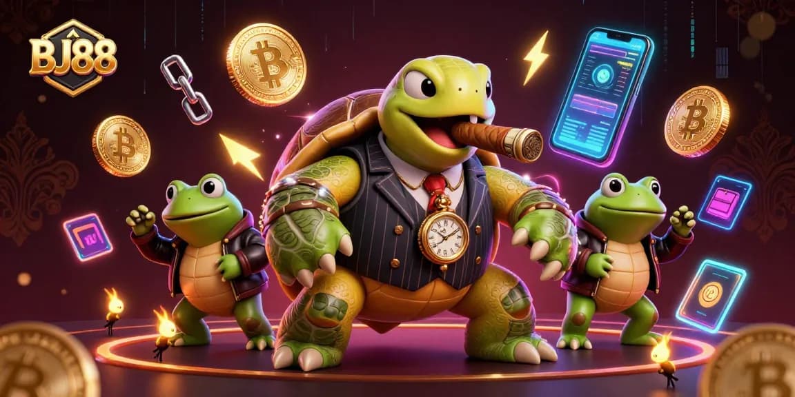 Engage in thrilling gameplay at BJ88, featuring vibrant 3D characters and neon crypto elements.