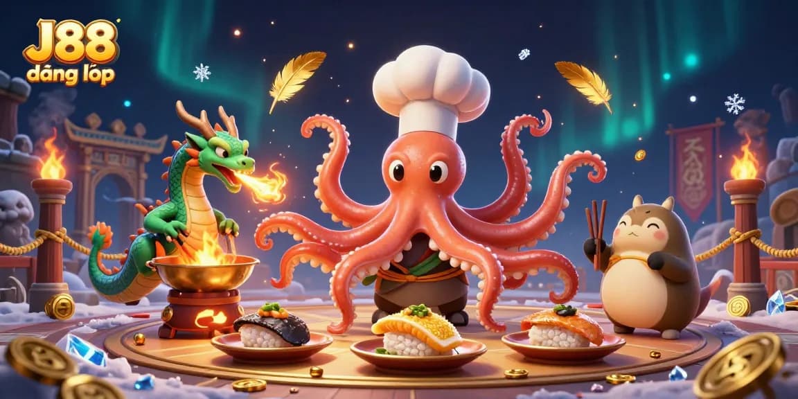 Experience vibrant gaming action with J88 đăng nhập, featuring a chef octopus, dragon, and tanuki in a casino scene.