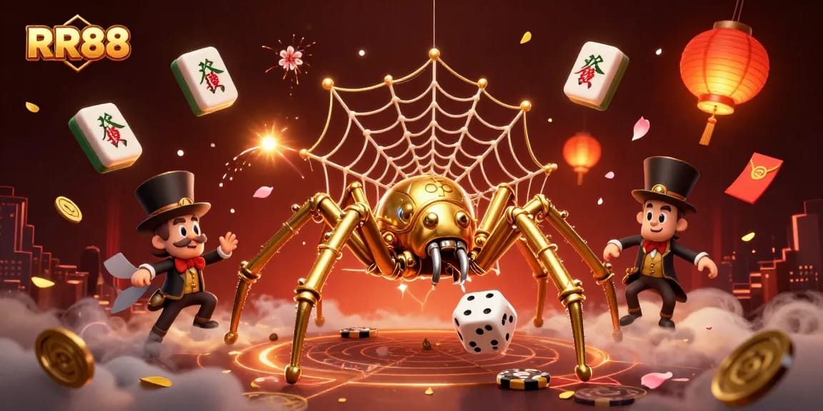 Unleash your luck at RR88 with golden spider catching dice, surrounded by enchanting casino elements.