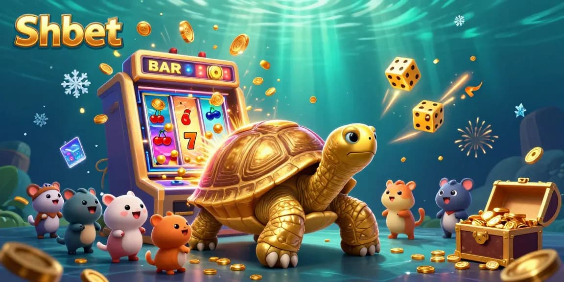 Shbet showcases a vibrant casino scene with a golden tortoise and exciting jackpot elements.