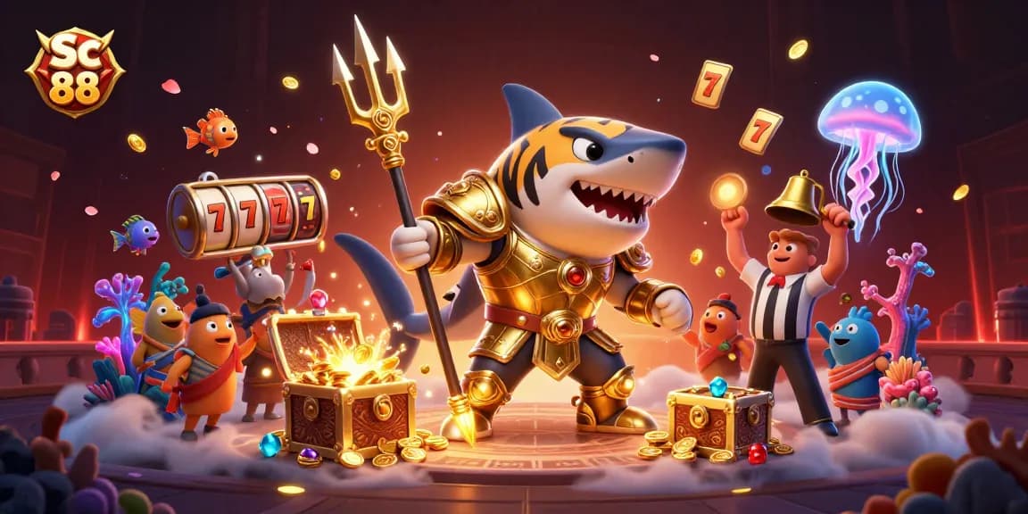 Engage with Sc 88's thrilling underwater casino experience featuring a fierce tiger shark and treasures galore.