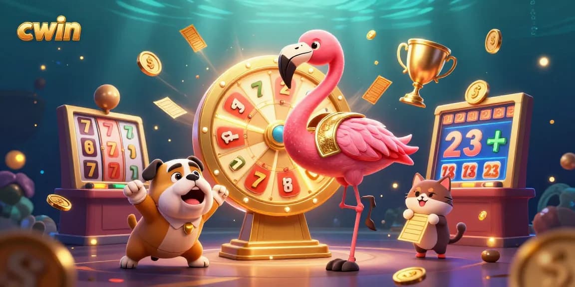 Experience excitement at Cwin with dynamic prize reveals in a vibrant 3D casino scene.